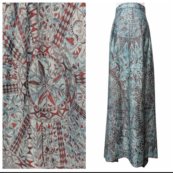 Peruvian Connection Womens Sz 12 Teal Blue Tribal Print Hi-Lo Handkerchief Skirt - Picture 1 of 10